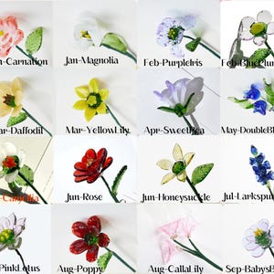 May include: A collection of sixteen individual glass flowers, each labeled with a month and name, including Jan-Carnation, Jan-Magnolia, Feb-PurpleIris, Feb-BluePlumbago, Mar-Daffodil, Mar-YellowLily, Apr-SweetPea, May-DoubleBlossom, May-Camellia, Jun-Rose, Jun-Honeysuckle, Jul-Larkspur, Jul-PinkLotus, Aug-Poppy, Aug-CallaLily, and Sep-BabysBreath.