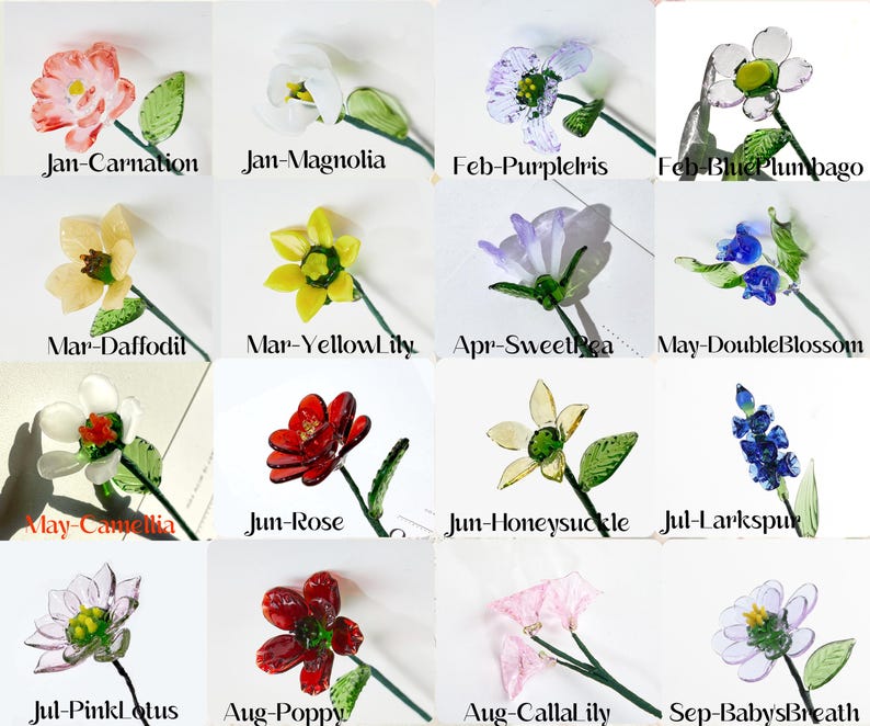 May include: A collection of sixteen individual glass flowers, each labeled with a month and name, including Jan-Carnation, Jan-Magnolia, Feb-PurpleIris, Feb-BluePlumbago, Mar-Daffodil, Mar-YellowLily, Apr-SweetPea, May-DoubleBlossom, May-Camellia, Jun-Rose, Jun-Honeysuckle, Jul-Larkspur, Jul-PinkLotus, Aug-Poppy, Aug-CallaLily, and Sep-BabysBreath.
