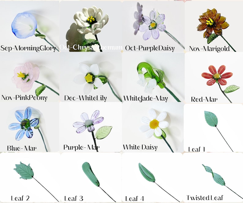 May include: A collection of glass flowers and leaves on thin stems, including a blue morning glory, white chrysanthemum, purple daisy, marigold, pink peony, white lily, white jade, red flower, blue flower, purple flower, white daisy, and various green leaves.