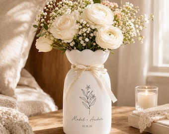 Personalisierte Keramikvase für Hochzeitsblumen, Keramikvase mit individuellem Namen, Keramikvase für Hochzeitsgeschenke, Geschenk für Frischvermählte, Jubiläumsgeschenk