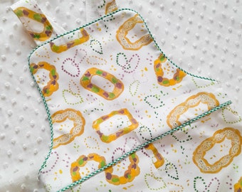 Ready to Ship - size 6 mos - Bubble Romper "Bailey" - Mardi Gras themed Summer Shortalls Sunsuit - King Cake print