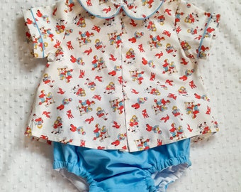 Boys "Andrew" diaper set - shirt with inverted pleat and peter pan collar paired with matching blue diaper cover - Classic Collection