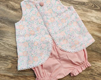 Girls Pinafore Top Set – Vintage Floral, Gingham Bloomers (Size 2T)