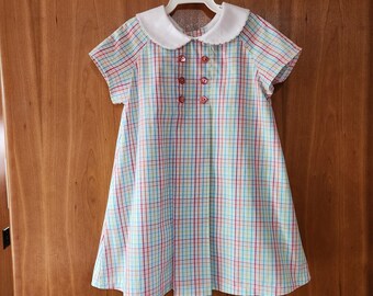 Girls Raglan Sleeve dress in multi-color tattersall plaid with white peter pan collar - size 12 mos to 4T