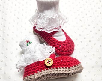 Hand Crocheted Mary Jane Baby Booties – Soft Cotton Yarn, Red or Blue