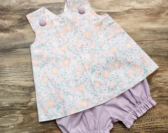 Girls Vintage Floral Pinafore Top and Bloomers Set – Peach Lavender Gingham (Size 2T)