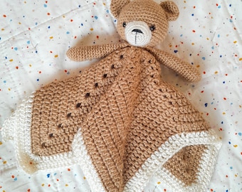 Hand Crocheted Teddy Bear Lovey – Soft Baby Security Blanket Toy