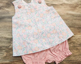 Girls Peach Lavender Floral Pinafore Top Bloomers Set – Vintage Pattern Size 2T
