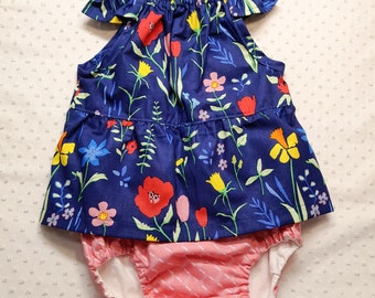 Ready to Ship - Girls "Bailey" spring summer top with diaper cover in Michael Miller floral fabrics - size 12 mos