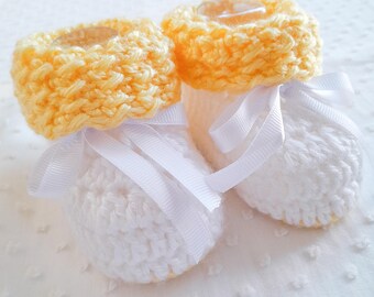 Hand Crocheted Baby Booties – White with Yellow Cuff, Ribbon Ties (3-6 Months)