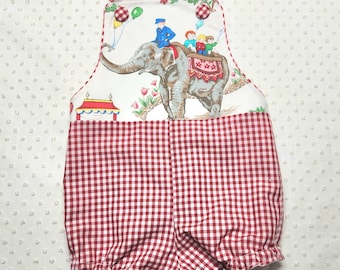 Vintage Style Bailey Bubble Romper – Circus Red Gingham, Elephant Print, Size 12 Months
