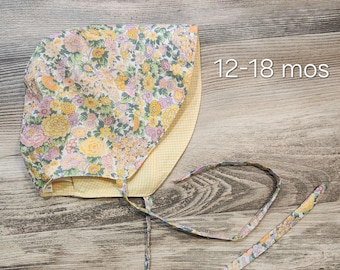 Baby Girls Liberty Sun Bonnet – Yellow Floral Tana Lawn Cotton, Gingham Lined, Sun Visor 12-18 mos