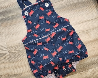 Bailey Bubble Romper – Navy Red Crab Print, Vintage Style, Size 18 Months