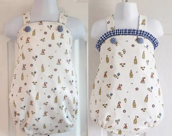 Girls or Boys "Jack and Jill" Day at the Beach Bubble Romper Sunsuit - children's red white blue summer beach print - sizes 3 mos to 3T