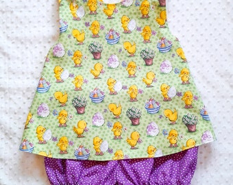 READY to SHIP - size 18 mos - Cross-Back Pinafore Top and Bloomers SET  for baby girl - Springtime Chicks with Easter eggs