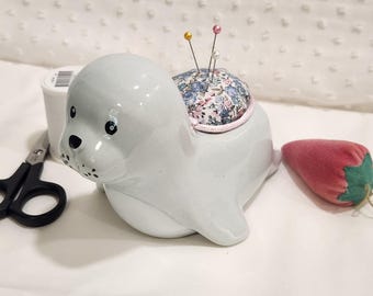 Porcelain Baby Seal Pincushion – Upcycled Planter Sewing Room Decor