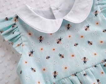 Ready to Ship - size 12 mos - Bubble Romper "Harper" - Summer Sunsuit - bees in aqua