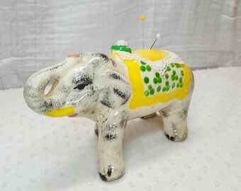 Porcelain Elephant made from vintage planter and antique buttons - upcycled recycled repurposed sewing gift