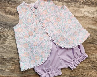 Girls Pinafore Top Set – Vintage Floral, Gingham Bloomers, Size 2T