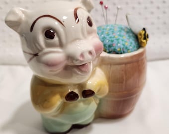 Porcelain Pig Barrel Pincushion – Upcycled Mid-Century Sewing Decor