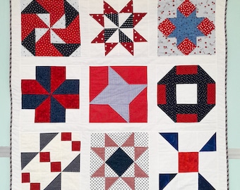 Patriotic Star Spangled Quilt – Hand-Quilted Red White Blue Wall Decor (43" x 43")