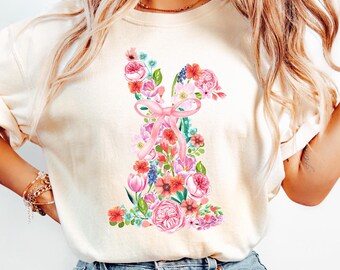 Floral Easter Bunny Shirt, Easter Coquette Bow Sweatshirt, Womens Easter Shirt, Easter Outfit, Easter Gift Shirt, Girly Easter Rabbit Shirt