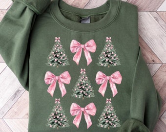Coquette Bow Christmas Sweatshirt, Christmas Tree Shirt, Christmas Sweatshirt, Girly Christmas Sweater, Coquette Bow Sweater