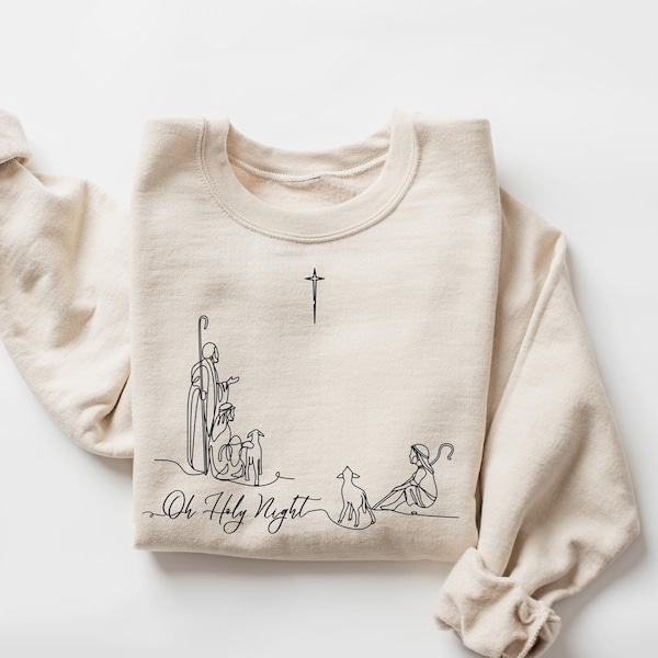 Sudadera Oh Holy Night, sudadera cristiana navideña, suéter con escena de la Natividad, camiseta navideña de Jesús, camiseta festiva