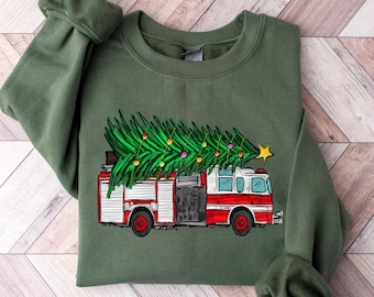 Christmas Sweatshirt, Christmas Tree on Fire Truck Sweatshirt, Winter Sweater, Firefighter Christmas Crewneck, Gift for For Firefighter Hero