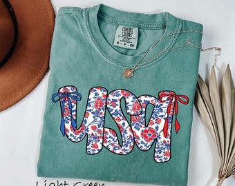 Comfort Colors® Coquette USA Bow Shirt, 4th of July shirt, American Women T-Shirt, Fourth of July Shirt, 4th of July Tee, Patriotic Shirt
