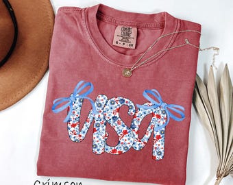 Comfort Colors© Floral USA Shirt, Coquette 4th of July Tee, Bow Fourth of July Shirt, Patriotic Womens Shirt, Girly USA Tee, America T Shirt