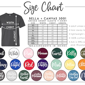 May include: Size chart for Bella + Canvas 3001 unisex short sleeve t-shirts. Measurements in inches are provided for sizes XS to 4XL. The chart includes a range of colours, such as black, white, pink, and navy. Key features include a tear away label and lightweight 4.2 oz.