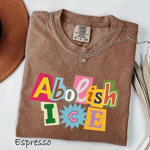 May include: Espresso-colored t-shirt with the words "Abolish ICE" in a colorful, cut-out style. The shirt has a crew neck and a small tag on the collar. A silver necklace with a pendant is draped across the shirt. A brown hat and dried plant are in the background.