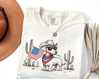 Comfort Colors® Patriotic Dog Shirt, 4th of July Cowboy Dachshund Shirt, American Flag Tee, USA Graphic Shirt, Dog Lover Gift, Dog Mom Shirt