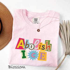 May include: A light pink Comfort Colors t-shirt with the words "Abolish ICE" in a colorful, cut-out style design. A gold necklace with a small pendant rests on the shirt. A brown hat is visible in the upper left corner.