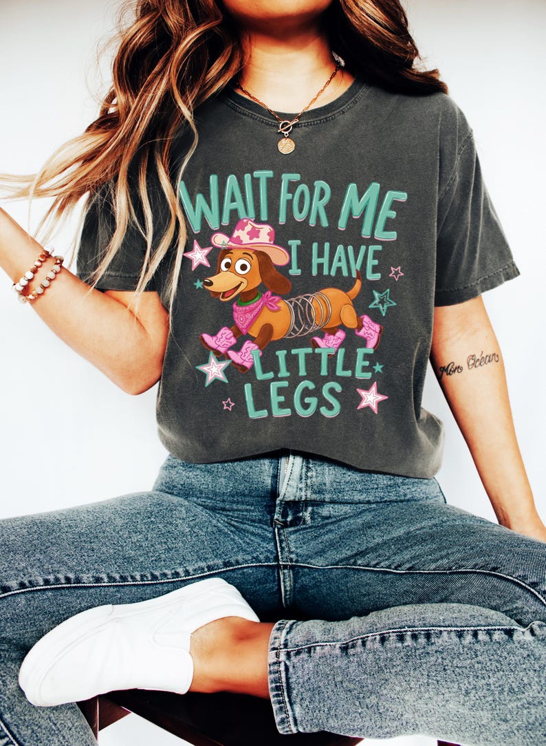 Puede incluir: Una camiseta gris carb&oacute;n de manga corta con el gr&aacute;fico de un perro salchicha marr&oacute;n que lleva un sombrero de vaquero rosa, un pa&ntilde;uelo rosa y botas de vaquero rosas. El texto "WAIT FOR ME I HAVE LITTLE LEGS" aparece en turquesa con estrellas.