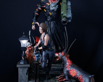 May include: A detailed resin statue featuring characters from the Resident Evil video game series. The scene includes a female character with a gun, a large monster, a zombie, and a zombie dog. The statue is set on a detailed base with a street lamp.