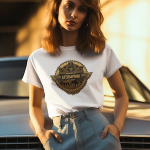 Steampunk  T-Shirt- Unisex Tshirt, Steam Punk Victorian era clock  steam powered invention machinery pipes steam engine book Jules Verne