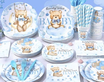 Teddy Bear Baby Shower Tableware Set, Bear Floral Plates Cups Napkins