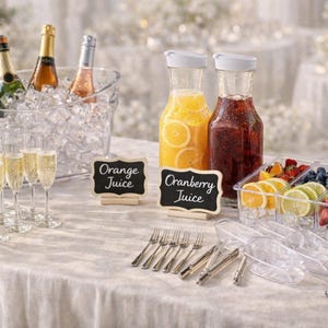 May include: A table setting with champagne flutes, bottles of champagne in an ice bucket, and juice carafes. A divided tray holds sliced oranges, lemons, strawberries, blueberries, and grapes. Small chalkboard signs read "Orange Juice" and "Cranberry Juice".