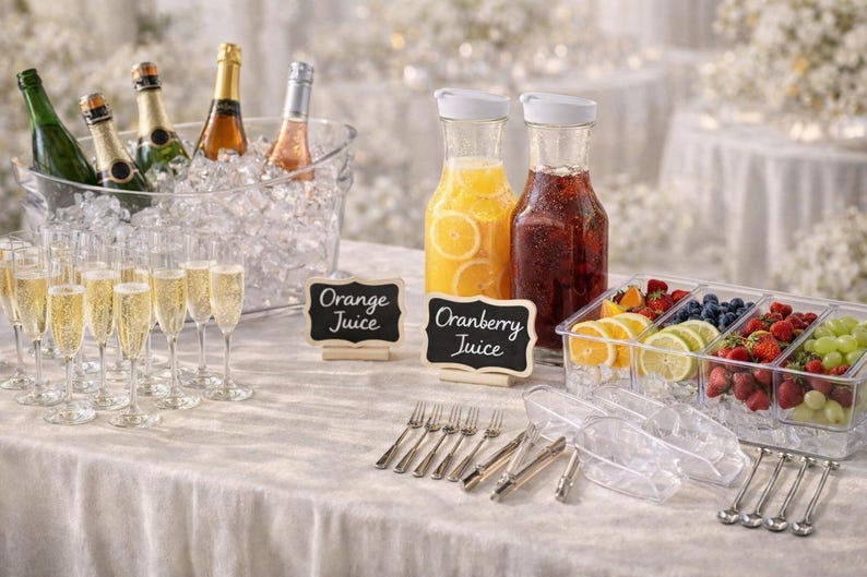 May include: A table setting with champagne flutes, bottles of champagne in an ice bucket, and juice carafes. A divided tray holds sliced oranges, lemons, strawberries, blueberries, and grapes. Small chalkboard signs read "Orange Juice" and "Cranberry Juice".