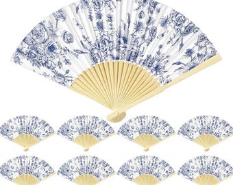 Blue Toile  Floral Folding Hand Fans – Chinoiserie Wedding Favors, Party Decor (Set with Organza Bags)
