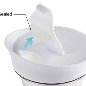 May include: A white water bottle lid with a rubber seal. The lid is open, revealing the interior. The text "Rubber Sealed" is next to the seal. The bottle is made of white plastic and stainless steel.