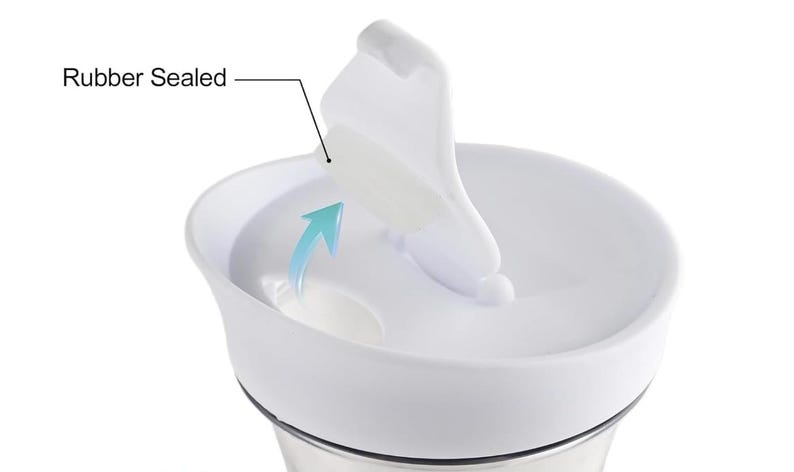 May include: A white water bottle lid with a rubber seal. The lid is open, revealing the interior. The text "Rubber Sealed" is next to the seal. The bottle is made of white plastic and stainless steel.