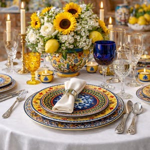 May include: A beautifully set table with floral centerpieces, candles, and elegant tableware. The centerpiece features sunflowers, white flowers, and lemons in a decorative vase. Plates have a yellow and blue pattern, with silverware and glassware completing the setting.