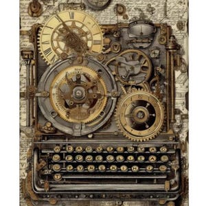Steampunk Mechanical Typewriter Print -Clockwork Gears and Clocks Print- Archival Satin Finish Prints