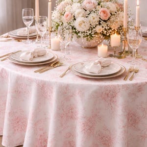 May include: A beautifully set table with a pink floral tablecloth, adorned with gold-toned cutlery, white plates, and folded napkins. A large floral arrangement of white and pink roses sits in the center, surrounded by lit candles and wine glasses.