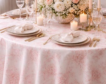Pink French Toile Polyester Tablecloth, Elegant Floral Pattern for Events Blue Green Black Purple Pink