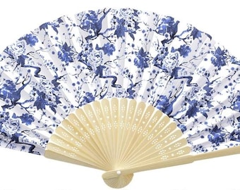 Blue Toile  Floral Folding Hand Fans – Chinoiserie Wedding Favors, Party Decor (Set with Organza Bags)