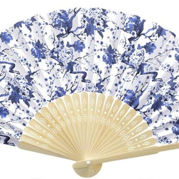 Blue Toile  Floral Folding Hand Fans – Chinoiserie Wedding Favors, Party Decor (Set with Organza Bags)
